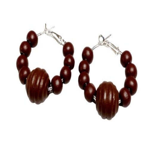 Chocolate Brown and Silver Fluted Round Earrings